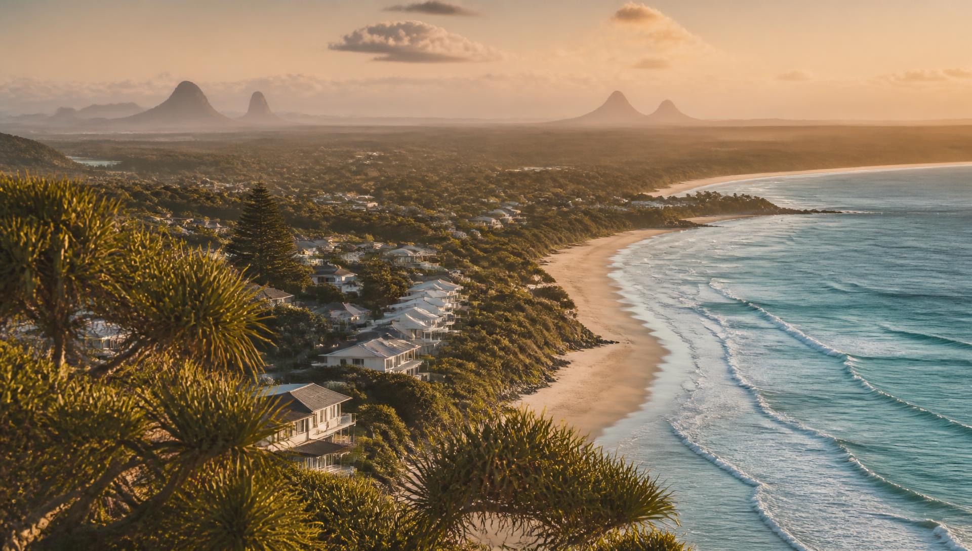 Aerial view of a Sunshine Coast beach at golden hour with hinterland ranges behind